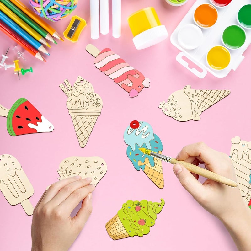 Sophena 80PCS Wooden Ice Cream Cutouts Ornaments to Paint,Summer Decorations 8 Styles DIY Blank Unfinished Wood Cutouts Ornament for Crafts Hanging Decorations - Image 2